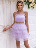 Women Sexy Solid Mesh Strapless Top Skirt Two Piece Set