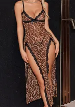 Women sexy leopard print slit suspender nightdress Sexy Lingerie Two Piece Set