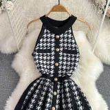 Summer Halter Neck Sleeveless Slim Waist A-Line Knitting Dress