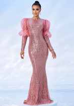 Women long-sleeved round neck sexy sequin Formal Party bridesmaid dress Maxi evening dress