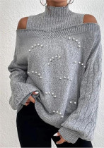Women Knitting Lantern Long Sleeve Half High Neck Beaded Sweater