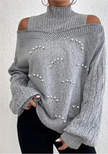 Women Knitting Lantern Long Sleeve Half High Neck Beaded Sweater