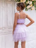 Women Sexy Solid Mesh Strapless Top Skirt Two Piece Set