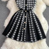Summer Halter Neck Sleeveless Slim Waist A-Line Knitting Dress