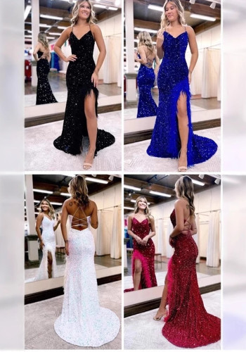 Women Sexy V-Neck Lace-Up Backless Slit Evening Dress