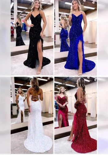 Women Sexy V-Neck Lace-Up Backless Slit Evening Dress
