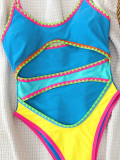 Women Contrast Hollow Lace-Up One-Piece Swimwear