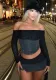 Women Fall and Winter Sexy Off Shoulder Crop Top and Slit Skirt Two Piece Set
