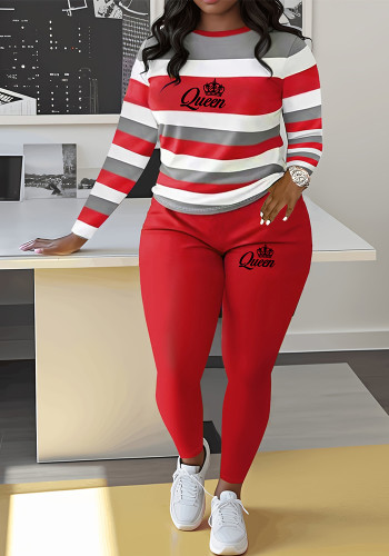 Women Striped Letter Print Casual Two Piece Set