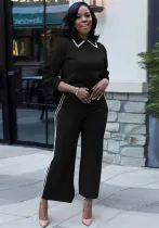 Women Casual Pearl Double-Breasted Turndown Collar Top and Pant Two Piece Set