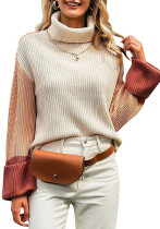 Women High Neck Long Sleeve Color Block Sweater