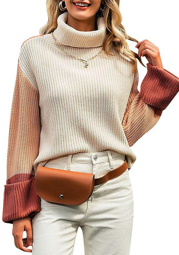 Women High Neck Long Sleeve Color Block Sweater