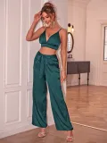 Women Solid Sexy V-Neck Strapless Top and Trousers Two Piece Set