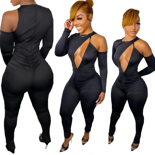 Spring Sexy Black Round Neck Cutout Long Sleeve Tight Jumpsuit