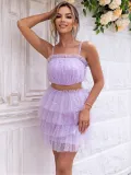 Women Sexy Solid Mesh Strapless Top Skirt Two Piece Set