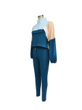 Autumn Contrast Color Zipper Patchwork Top Tight Fitting Pants Sports Two-Piece Set