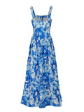 Summer Blue Print Button Strap High Waist Sleeveless Chic Ladies Long Dress