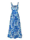 Summer Blue Print Button Strap High Waist Sleeveless Chic Ladies Long Dress