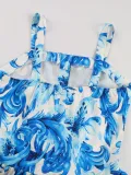 Summer Blue Print Button Strap High Waist Sleeveless Chic Ladies Long Dress