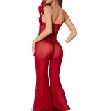 Erotic Lingerie Sexy Women See-Through Mesh Heart Print Pajamas Set Home Clothes