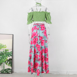 Holidays Long Skirt Set Off Shoulder Halter Neck Top Lace-Up High Waist Skirt Two Piece Set