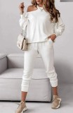 Women's Fashion Casual Solid Color Sexy Long Sleeve Single Shoulder Two Piece Pants Set