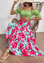 Holidays Long Skirt Set Off Shoulder Halter Neck Top Lace-Up High Waist Skirt Two Piece Set