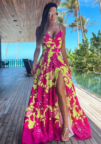 Summer Red Print High Waist Sexy Strap Holidays Long Dress