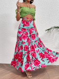 Holidays Long Skirt Set Off Shoulder Halter Neck Top Lace-Up High Waist Skirt Two Piece Set