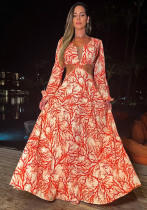 Orange Print Sexy Open Waist Deep V Neck A-Line Long Sleeve Chic Ladies Long Sleeve Dress