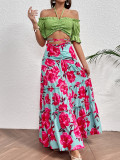 Holidays Long Skirt Set Off Shoulder Halter Neck Top Lace-Up High Waist Skirt Two Piece Set