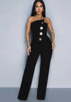 Solid Color Strapless Irregular Loose Wide-Leg Jumpsuit