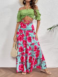 Holidays Long Skirt Set Off Shoulder Halter Neck Top Lace-Up High Waist Skirt Two Piece Set