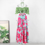 Holidays Long Skirt Set Off Shoulder Halter Neck Top Lace-Up High Waist Skirt Two Piece Set
