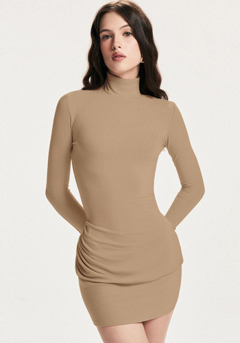 Women's Autumn Solid Color High Neck Fashion Chic Slim Fit Bodycon Dress
