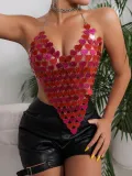 Christmas Sexy Acrylic Heart Print Patchwork Fashion Halter Neck Low Back Strap Top