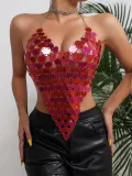 Christmas Sexy Acrylic Heart Print Patchwork Fashion Halter Neck Low Back Strap Top