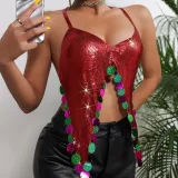 Christmas Halloween Costume Nightclub Strap Sexy Low Back Sequined Diamond Top