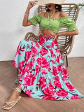 Holidays Long Skirt Set Off Shoulder Halter Neck Top Lace-Up High Waist Skirt Two Piece Set