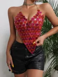 Christmas Sexy Acrylic Heart Print Patchwork Fashion Halter Neck Low Back Strap Top