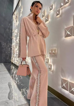Autumn Fashion Contrast Color Drawstring Elastic Top Casual Pants Two Piece Set