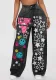 Hip Hop Style High Waist Washed Print Non-Elastic Wide Leg Denim Pants