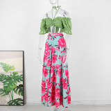 Holidays Long Skirt Set Off Shoulder Halter Neck Top Lace-Up High Waist Skirt Two Piece Set