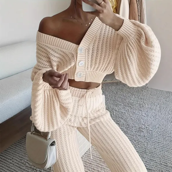 Knitting Suit Women's Casual Solid Color Sweater Cardigan High Waist Trousers Two-Piece Set