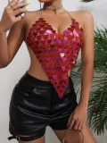 Christmas Sexy Acrylic Heart Print Patchwork Fashion Halter Neck Low Back Strap Top