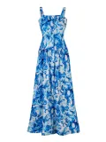 Summer Blue Print Button Strap High Waist Sleeveless Chic Ladies Long Dress