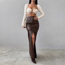 Women Slit Solid Pu-Leather Skirt