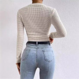 Women Long Sleeve Plaid Pleated T-Shirt