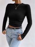 Women Long Sleeve Plaid Pleated T-Shirt