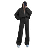 Women Fall Solid Casual Lace-up Sports Hoodies Two Piece Set